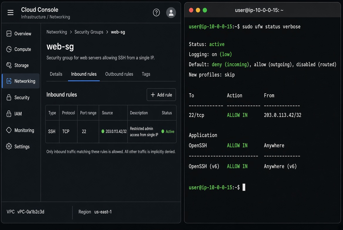 Side-by-side mockup: left panel shows a dark-themed cloud console security group with inbound SSH restricted to a single IP, right panel shows terminal ufw status verbose output