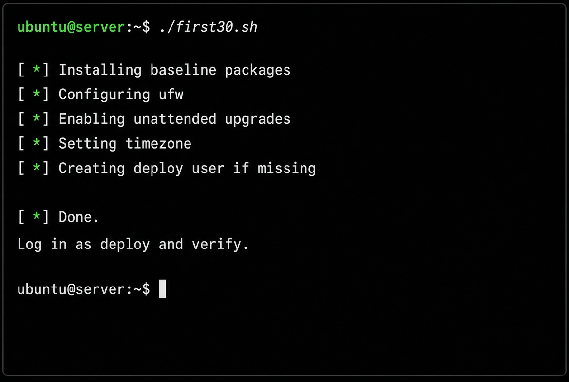 Dark terminal screenshot of the first30.sh script finishing successfully, showing ufw enabled, unattended-upgrades configured, deploy user created, and final status messages