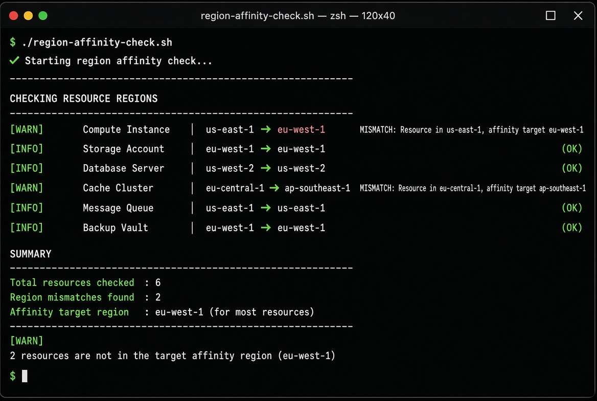 Dark terminal showing region-affinity-check.sh output with WARN lines for region mismatches