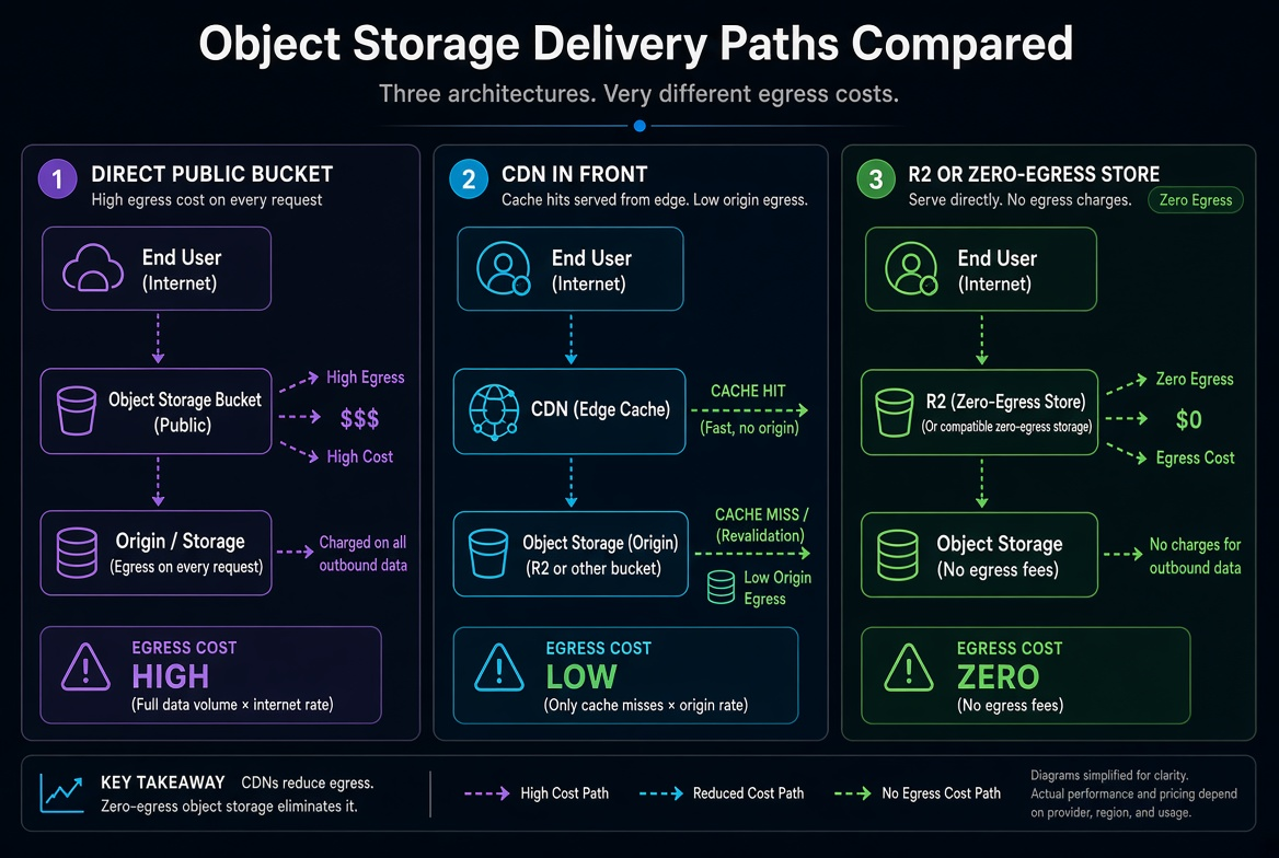 Professional dark illustration comparing three object delivery paths: direct public bucket (high egress), CDN in front (cached, lower origin egress), and R2/zero-egress store, clean vector style with cost arrows