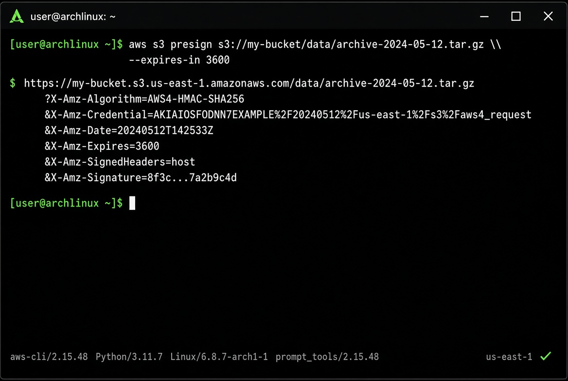 Dark terminal showing aws s3 presign command and the resulting time-limited pre-signed URL