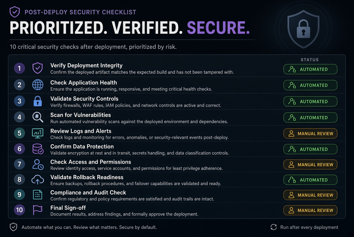 Dark professional illustration of a concise post-deploy security checklist with priority ordering and automation marks