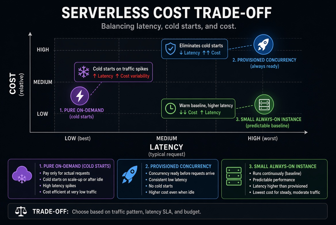 Serverless cost trade-off illustration: on-demand vs provisioned vs always-on