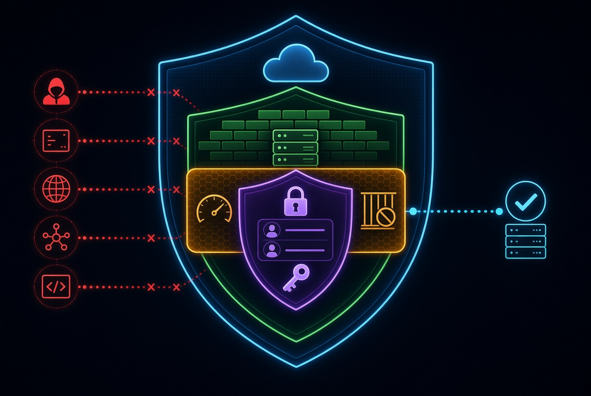 Professional dark-themed technical illustration of layered SSH defenses: outer cloud security group, host firewall, fail2ban rate limiting, and key-only authentication with AllowUsers, clean vector style, high contrast