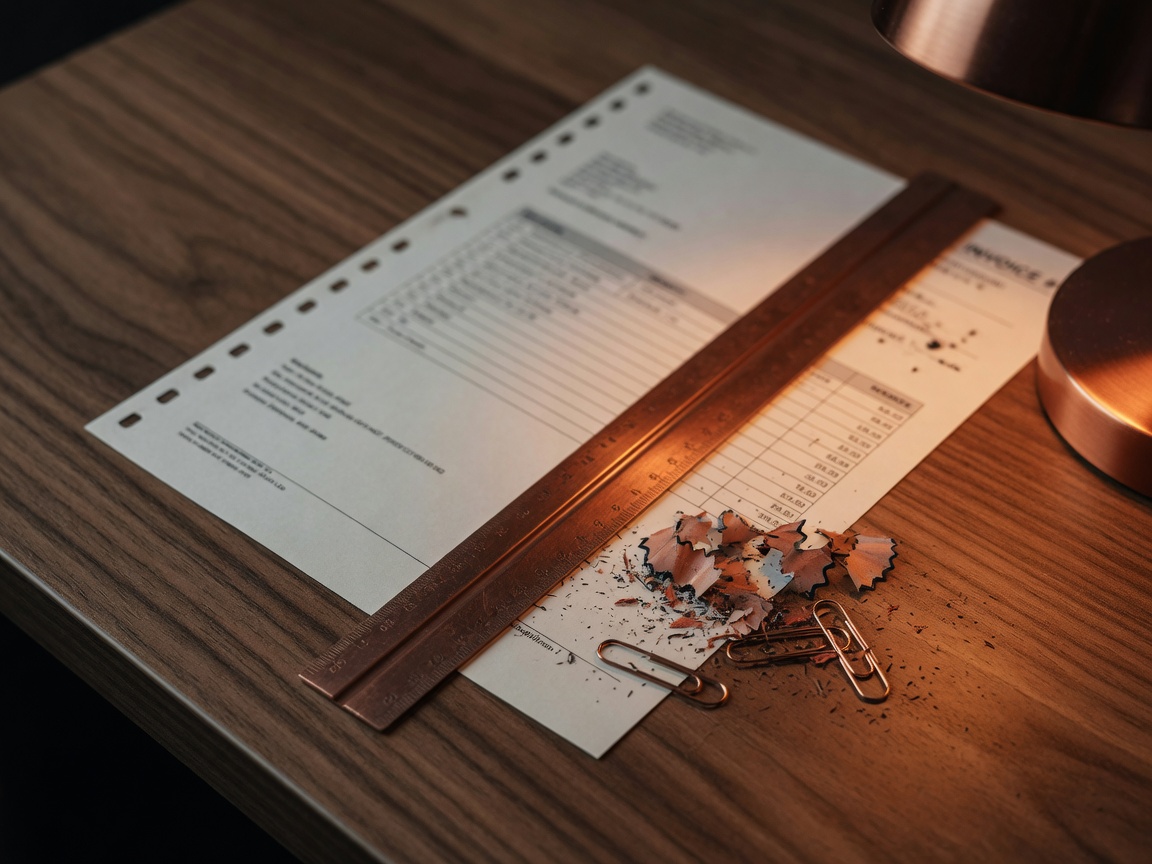 Copper ruler resting on a printed invoice