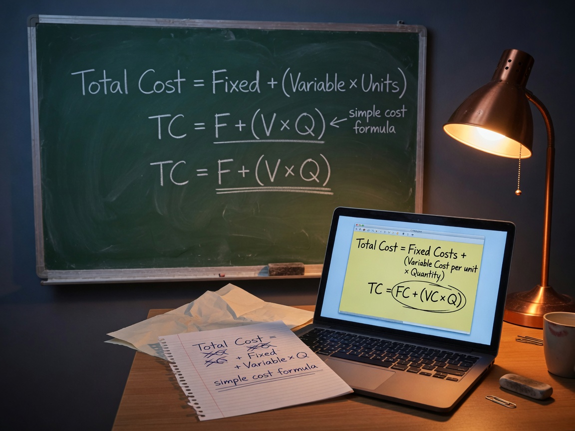 Handwritten cost formula beside a laptop